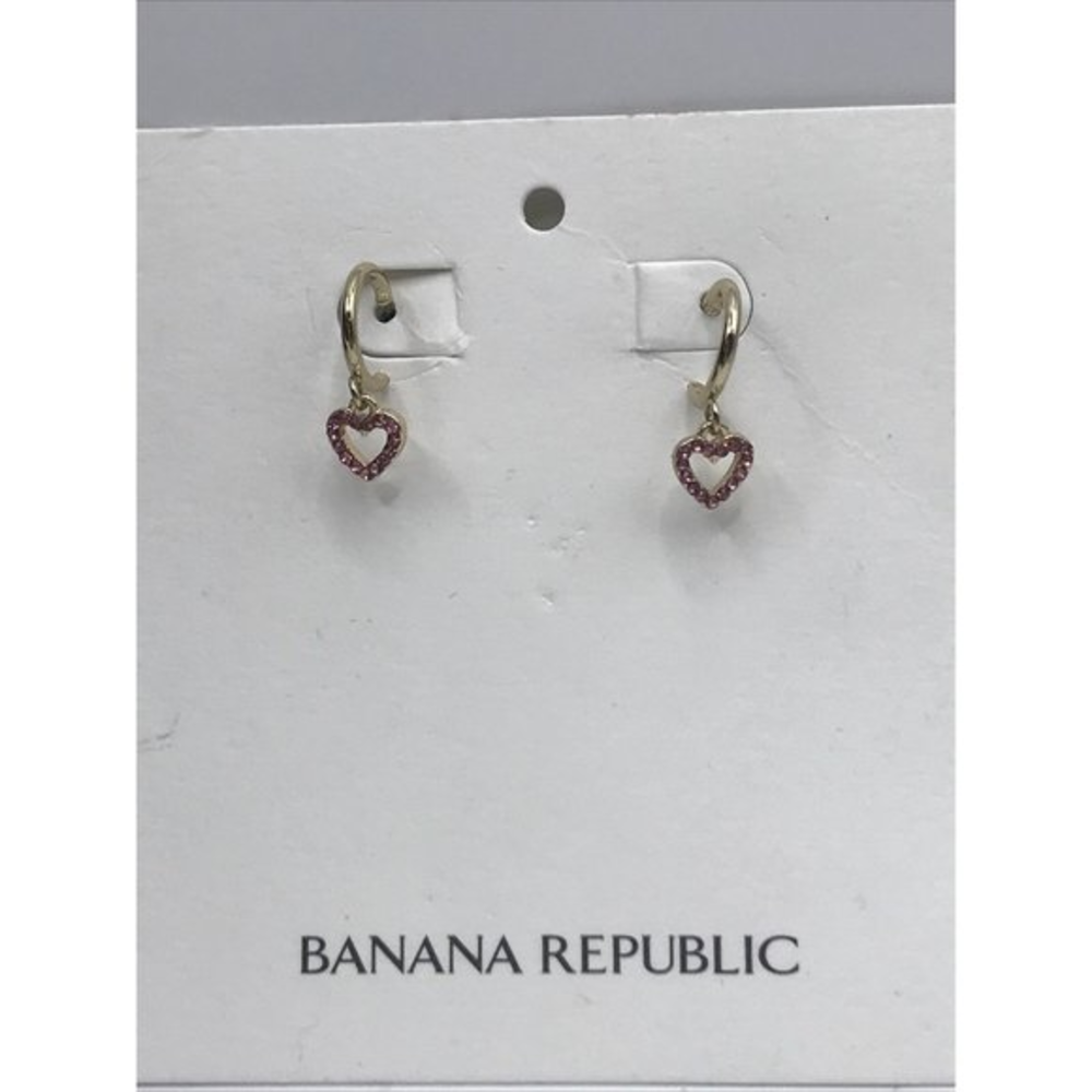 BANANA REPUBLIC Huggie Heart Gold Tone Pink Crystals EARRINGS‎ NWT